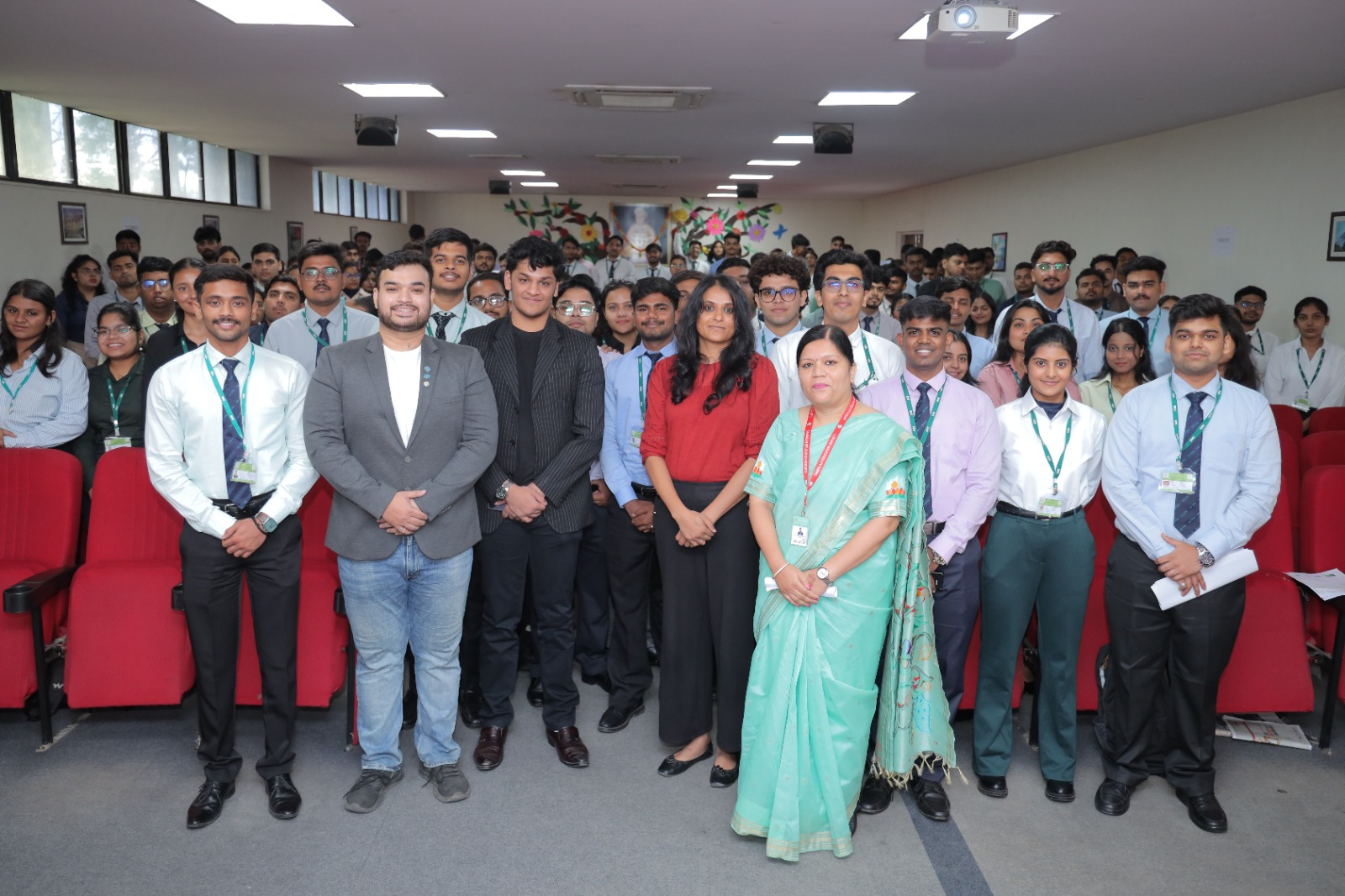 Shwetha Munegowda speaking with PGDM students at Sai Balaji Group of Institutes